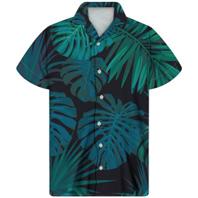 China Breathable Green Leaves Design Custom Made Collar Mens Turn-Down Shirts Guayabera Cuban Print Breathable Clothing Shirts for sale