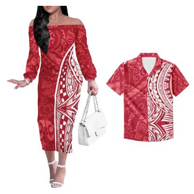 China Anti-Static Hawaiian Sea Turtle Print Party Couple Clothing Women Off Shoulder Bodycon Dress Match Men Shirts Plus Size for sale