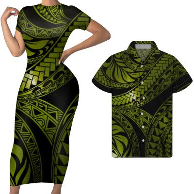 China Anti-Static Colorful Polynesian Tribal Stripe Print Sparkle Short Sleeve Bodycon Dress Women Match Men Shirts Custom Couples Dress Set for sale