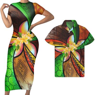 China Custom Anti-Static Colorful Polynesian Tribal Polynesian Tribal Short Shirts Men Sleeve Match Bodycon Dress Flower Print Plumeria Couples Clothing Set for sale