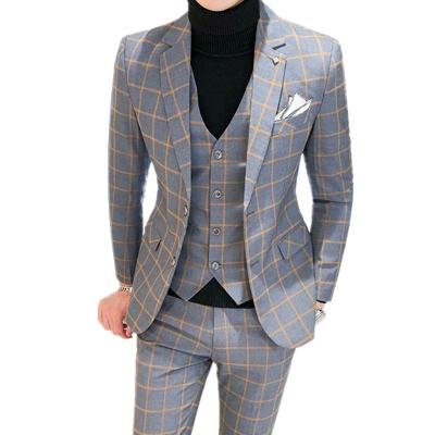 China Anti-wrinkle Men's Casual Suit 3 Pieces Jacket Vest Set Pants Checked Gray Groom Suits For Men Wedding Suits for sale