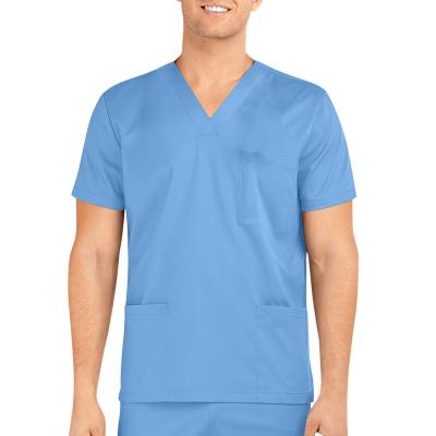 China Hospital Men Scrubs Solid Short Sleeve Blouse Multi Pocket Care Workers T-Shirt Tops Nursing Medical Uniform for sale