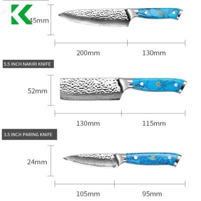 China Stocked Professional Vg10 Carbon Steel Damascus Kitchen Chef Knife With Turquoise Handle 3 Pcs Set In Gift Box for sale