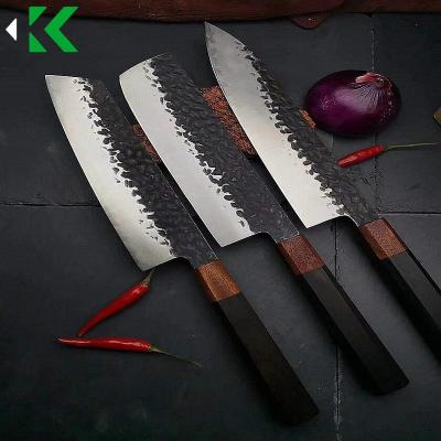 China Stocked Chef Knife Three-Layer Composite Steel Handmade Forged Sharp Cleaver Slicing Knife Utility Santoku Kitchen Cooking Tools for sale