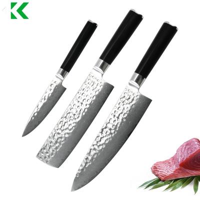 China Disposable 3-Piece Kitchen Set cooking Hammered knives Damascus knifes set kitchen tools chef with Ebony Wooden Handle for sale