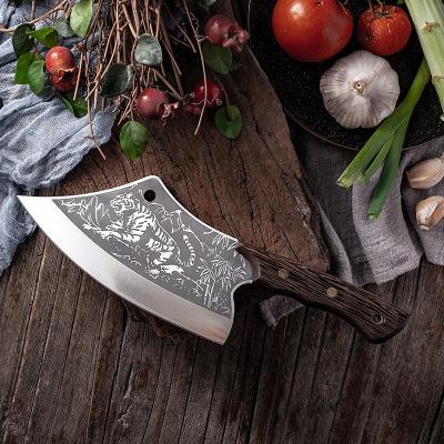 China Stocked Full Tang Handmade 7.5 inch tiger pattern meat carving cooking cleaver kitchen chinese chef choppping knife with cover sheath for sale