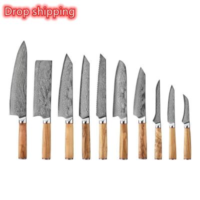 China Stocked 10 suit Damascus Pattern Stainless Steel Kitchen chefs wood handle Japanese Chef Knife à venda