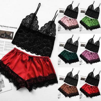 China YS7K020 QUICK DRY women's sexy lingerie satin lace V-neck shorts set hot selling women's sexy fashion sleepwear sleepwear 2021 for sale