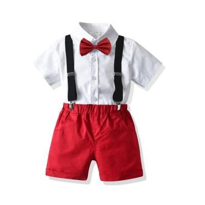 China N10-K010 Summer Toddler Kids Boys Casual Gentleman Clothing Set Formal Short Sleeve Shirts With Bow Tie +Strap Shorts Casual Suits for sale