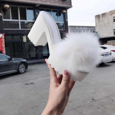 China YS-K012S Anti-slippery Women's Sandals Vintage Plush Fur Slippers Summer High Heels Peep Toe Shoes Square Heel Wedges Sandals for sale