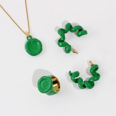 China CLASSIC popular green enamel phone line earrings with retro design and exaggerated BV necklace ring for sale