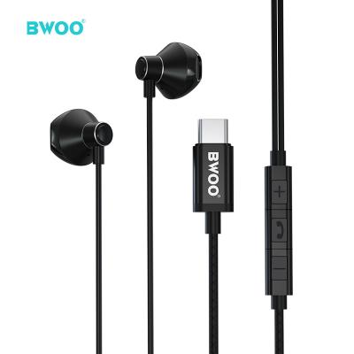 China High Quality Type-c Stereo Sound BWOO Phone Earphone With 1.2m Length Stereo Cable Half In Ear Headphones With Volume Control for sale