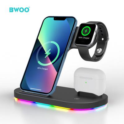 China Hot Selling LED Indicator BWOO Cell Phone Wireless Charger ABS+PC Material 15w Qi Fast Charging 3 in 1 Wireless Charger for sale