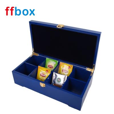 China Handmade High Gloss Blue Finish 8 Compartments Lacquer Wooden Tea Bags Storage Box for sale