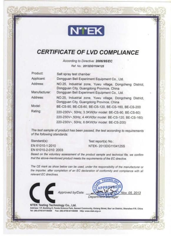 Salt Spray Chamber CE Certificate - Guangdong Bell Experiment Equipment Co., Ltd