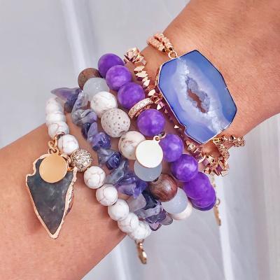 China BOHEMIA Summer Bohemian Jewelry, Natural Stone Druzy Agate Quartz Healing Crystal Stack Cuff LavaBeaded Bangle/Cuff Bracelets for sale