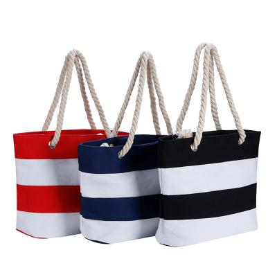 China Factory Wholesale High Quality Women Ladies Cotton Canvas Stripe Beach Outdoor Tote Bag With Rope Handle for sale