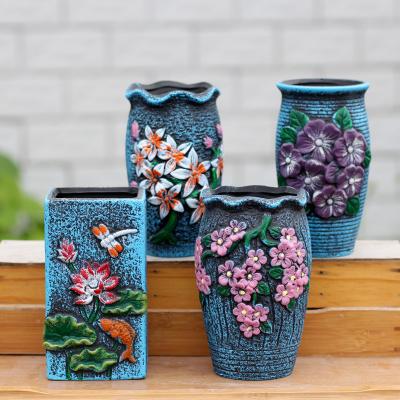 China Korean American Green Plant Hand Painted Ceramic Succulent Basin New Style Flower Pot Garden Flowerpot Relief Pottery Pot Indoor Decoration for sale