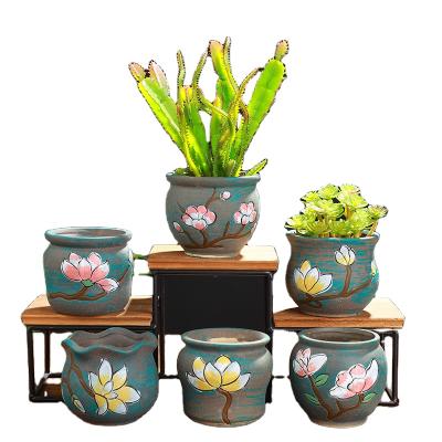 China CLASSIC Ceramic Hand Painted Thick Breathable Pottery Desktop Flower Pot Plant Pot Desktop Decoration Floret Basin Garden Succulents Bonsai for sale