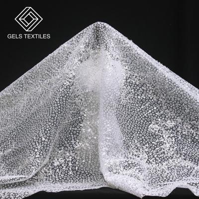 China New Breathable White Tulle Mesh Flash Beaded Sequin Rose Guipure Lace Fabric Embroidery For Wedding Dress for sale