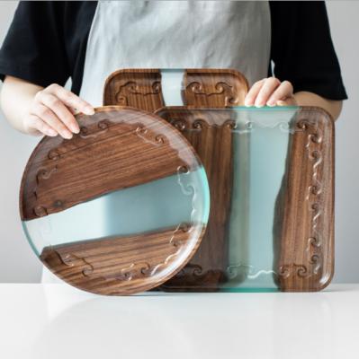 China Eco-friendly Customized Solid Wood Serving Resin Tea Round Coffee Snack Non-Slip Round Tray for sale