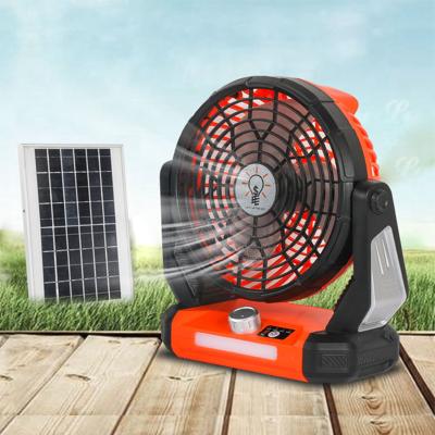 China 90 degree rorating Outdoor Portable Chargeable Small Table Desk Mobile Solar Panel Electric Travel Fan with Light Power Bank for sale