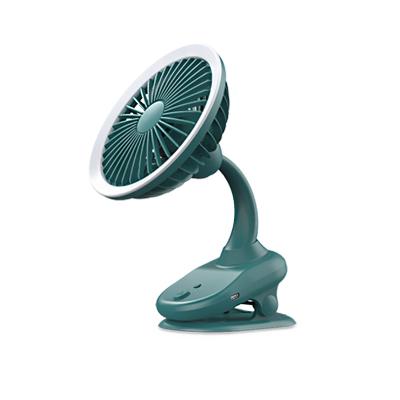 China Hotel Trendy Home Travel Green Battery Operated Portable 4 Speed Adjustment USB Cooling Rechargeable Desktop Clip-on Fan With Light for sale