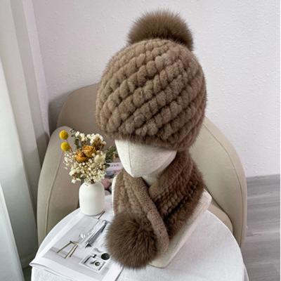 China CX-SET-43B Handmade Short Outwear Fashion Real Mink Fur Hat And Scarf Sets With Pom Pom for sale