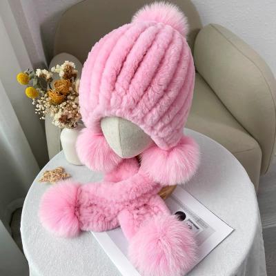 China CX-C-276A High Quality Girls Kids Kids Fashion Winter Knitted Rex Rabbit Real Fur Hat Scarf Set for sale