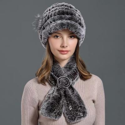 China Designer Short Woman Hats Style Handmade CX-SET-34G Ladies Rex Rabbit Fur Winter Hat and Scarf Set for sale