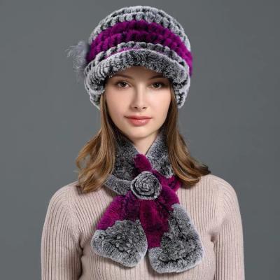 China CX-SET-34J High Quality Fashion Winter Fur Scarf Knitted Rex Rabbit Real Fur Hat Russia For Women Scarf Hat Set for sale