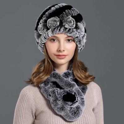 China CX-SET-32A Real Cheap And Soft Good Quality COMMON Rex Rabbit Fur Handknitted Woman Hat With Floral Scarf for sale