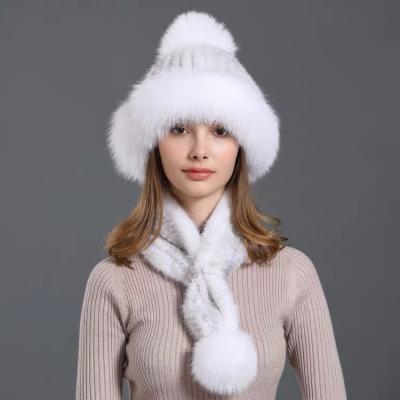 China COMMON CX-SET-18D Fashion Real Mink Fur Knitted Fox Fur Round Scarves And Hats Set Winter Beanie Hats for sale