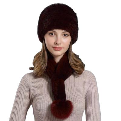 China CX-SET-10G High Quality Elegant Winter Fashion Knitted Mink Fur Real Fur Scarf Hat Set Women Hat Fur for sale