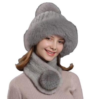 China CX-SET-02B High Quality Hand Knitted Mink Fur Scarf Real Fur Bucket Hat Russia Women's Fur Hat And Scarf Set for sale