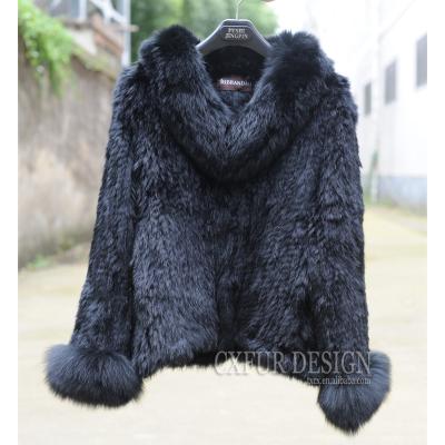 China CX-G-A-193B Breathable European Style Knitted Real Rabbit Fur Coat With Fox Fur Collar And Cuffs for sale