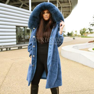 China CX-G-T-05C Winter Sustainable Coats For Women Fur Hood Coat Sheep Fur Shearling Coat for sale