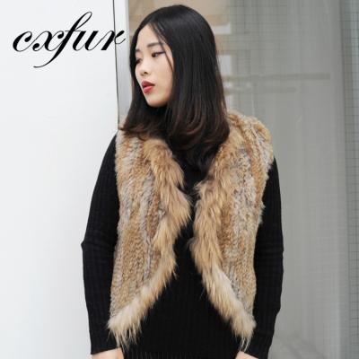 China CX-G-B-34 Ladies Vest Fashion Breathable Winter Knitted Rabbit Fur Vest With Raccoon Fur Trim for sale