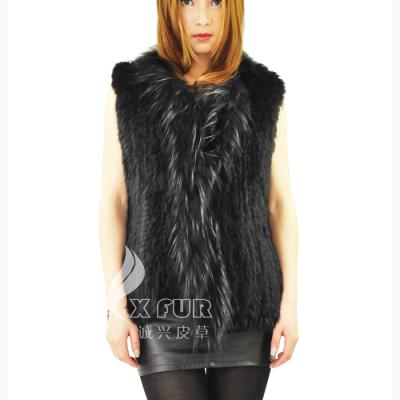 China CX-G-B-118A Women Breathable Vests Knitted Real Rabbit Fur Vest With Raccoon Fur Trim for sale