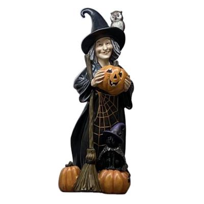 China Dark Europe Polyresin Halloween Day Festival Decoration Gifts Pumpkin Statues Witch Black Figurine Ghost Ornaments Holiday Craft for sale