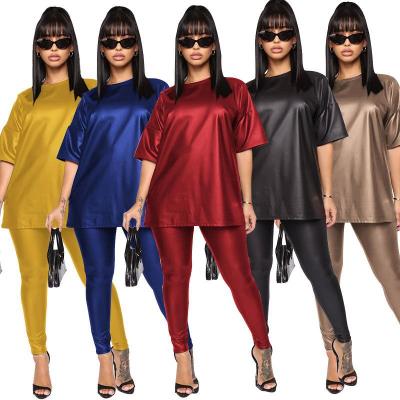 China Plus Size Plus Size 2 Piece Set Women Faux Leather Pencil Pants Casual Pants Sets Women Short Sleeve Sets for sale