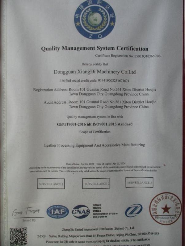 ISO9001 - Dongguan Xiangdi Machinery Co., Ltd.