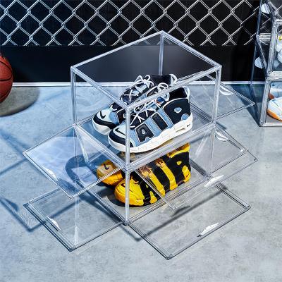 China Large Capacity Modern Clear Space Magnetic Plastic Shoe Boxes Drop Front Custom Sneaker Box Acrylic Clear Stackable Classic Storage Box for sale