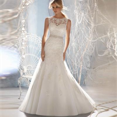 China Latest Custom Made Appliques Dry Cleaning Lace Beaded Crystals Bow Sleeveless Wedding Dress Vestido de novia Mermaid V Back Wedding Dress for sale