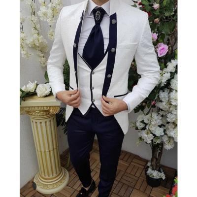 China Breathable White 3 Pieces Mens Suits Pattern Design Slim Fit Groom Blazer Costume Homme (Jacket+Pants+Vest) Business Jacquard Wedding for sale