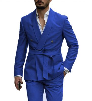 China Anti-wrinkle Handsome Men Suits 2 Pieces Shawl Lapel Male Blazer Double Breasted Costume Homme Tuxedos with Belt Skinny (Jacket+Pants) for sale