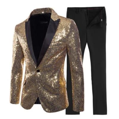 China High Quality Anti-Wrinkle Gold Sequin Men Suits Slim Fit Peaked Lapel Tuxedos For Wedding Party Blazer Male Suit Skinny 2 Pieces for sale