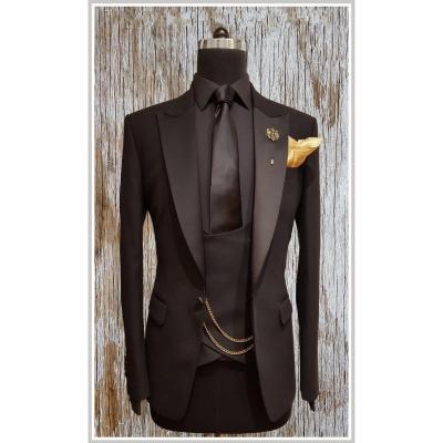 China 2022 Mens Peaked Lapel Breathable Homme Suit Black Suits 3 Piece Slim Fit Suits Groom Tuxedos Male Wedding Blazer (Jacket+Pants+Vest) for sale