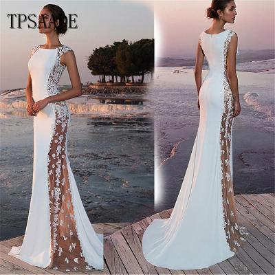 China Sexy Elegant Dry Cleaning Illusion Appliques Lace Up Side Bridal Gown Boat Neck Mermaid Wedding Dress 2020 WF521 for sale