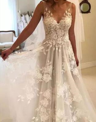 China Dreamy Pettiskirt ZYL099 New Design Wedding Dress Wedding Dress V-neck Simple A-Line Flower Embroidery V-Neckline for sale